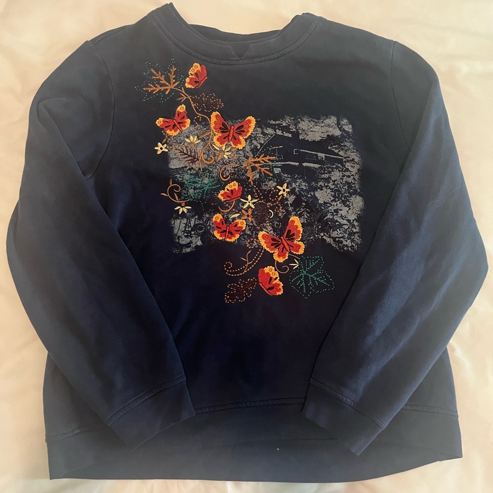 Breckenridge Butterfly Embroidered Navy Crewneck